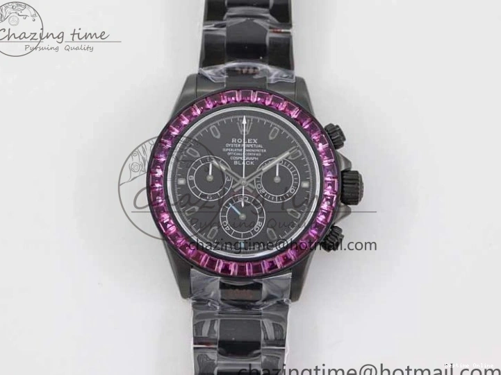 0223 Daytona All Black PVD TWF Best Edition Purple Diamonds Bezel Black Dial on PVD Bracelet SA Lightweight 2446